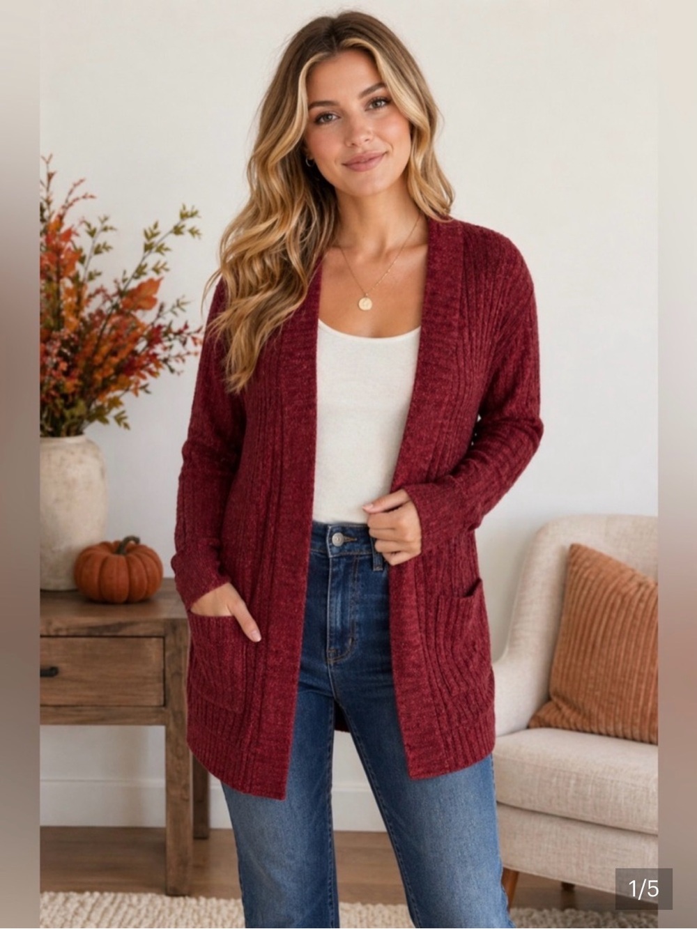 Burgundy Ribbed Knit Cardigan Small Open Front Cozy Fall Sweater Pockets